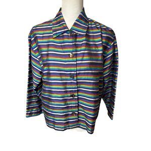 Chico’s Art To Wear 100% Silk Multi Color Striped Blouse Jacket Pockets Sz 1 S/M